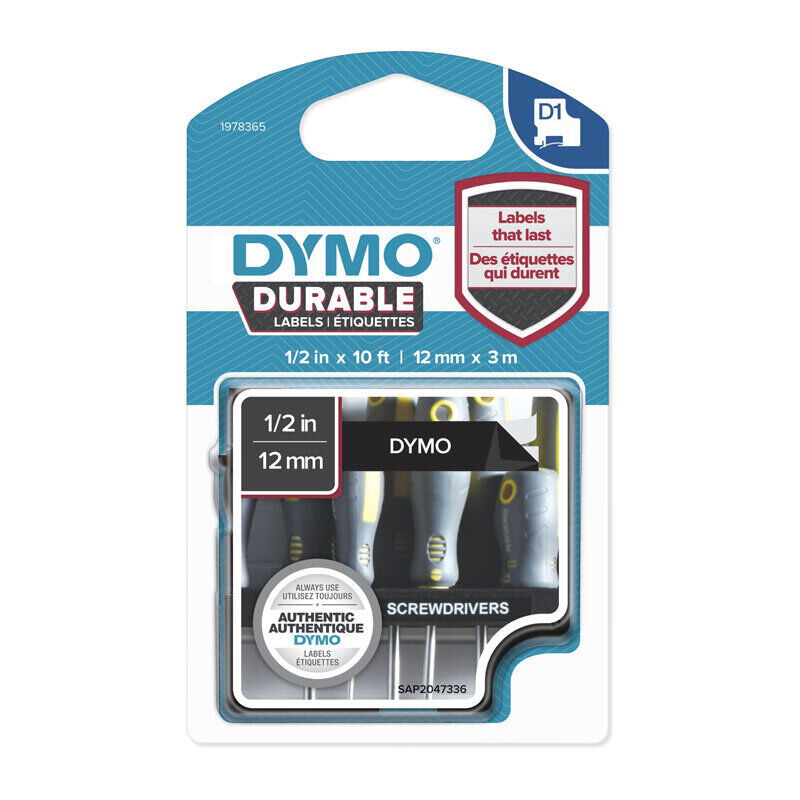 Genuine D1 Dur Wht on Black 12mm x 3m