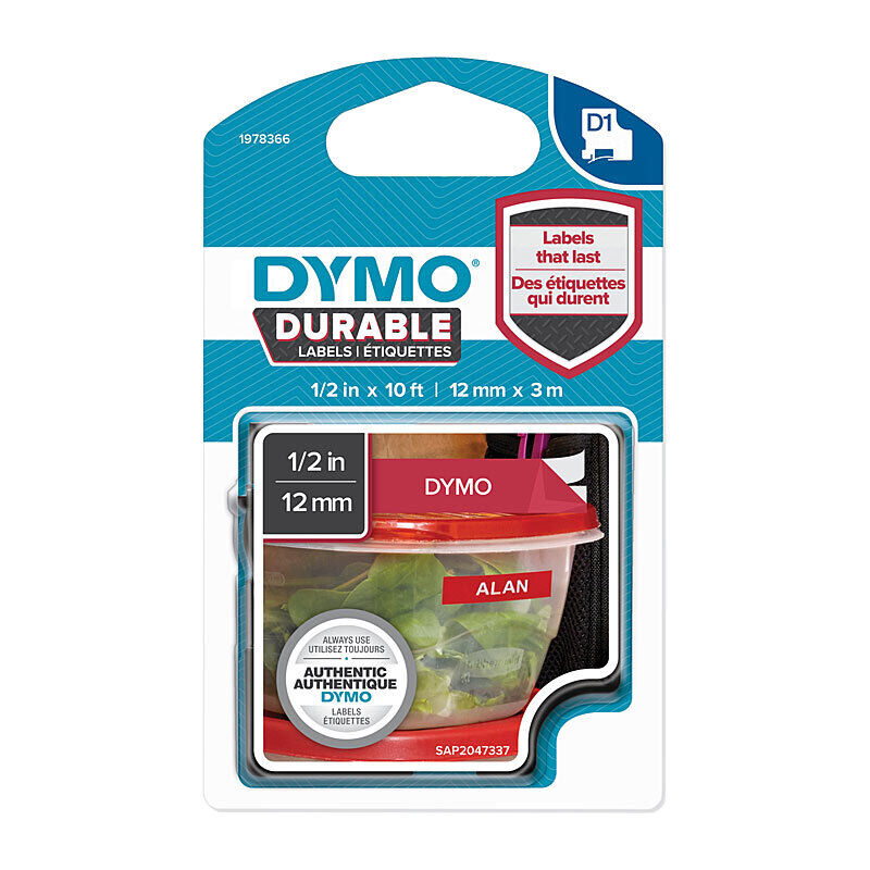 Genuine D1 Dur Wht on Red 12mm x 3m