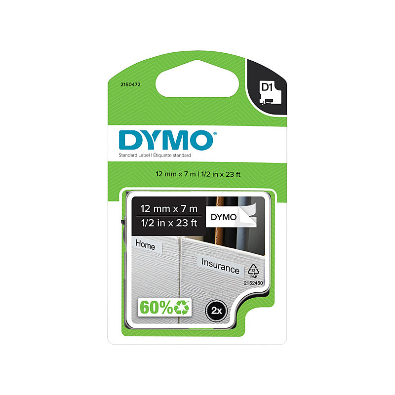 Genuine Dymo D1 Black on Wht 12mmx7m Pack2