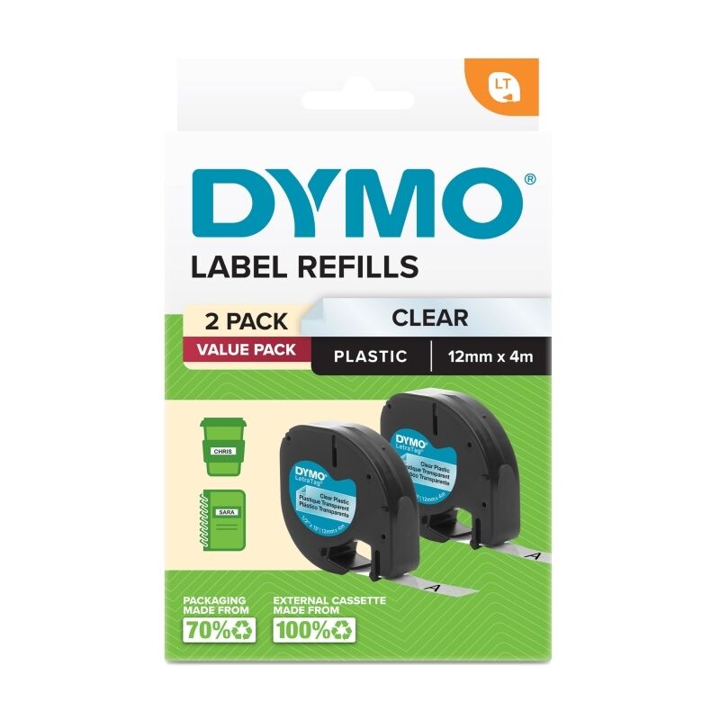 Genuine Dymo LetraTag PlasTape Clr Pack2