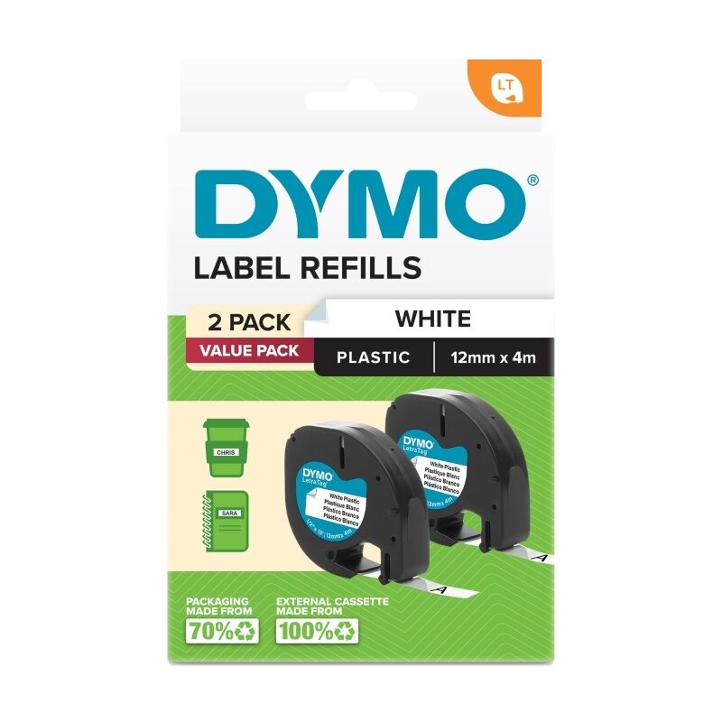 Genuine Dymo LetraTag PlasTape Wht Pack2