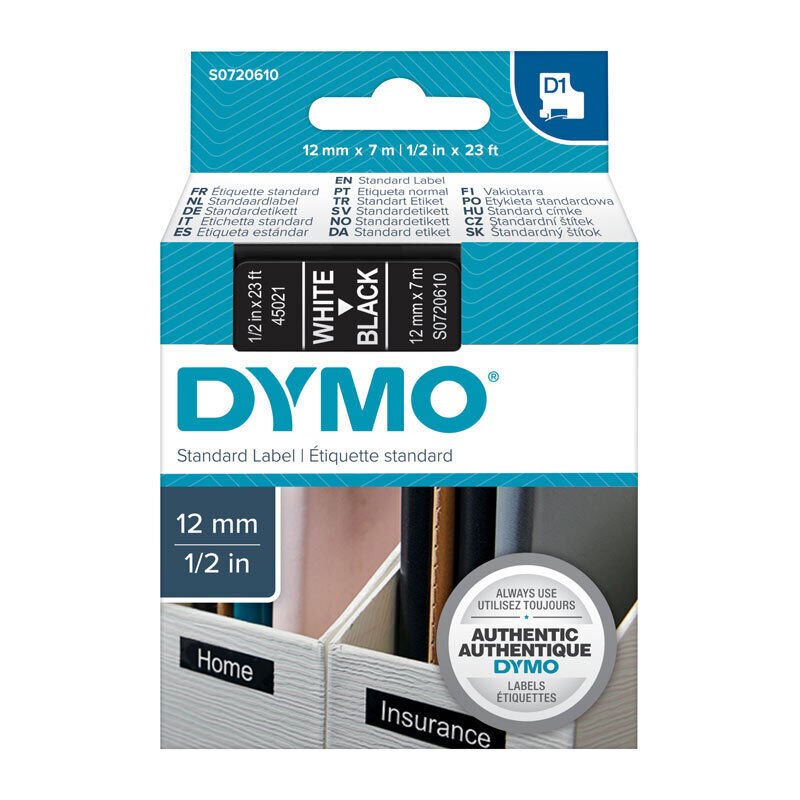 Genuine D1 Wht on Black 12mmx7m Tape