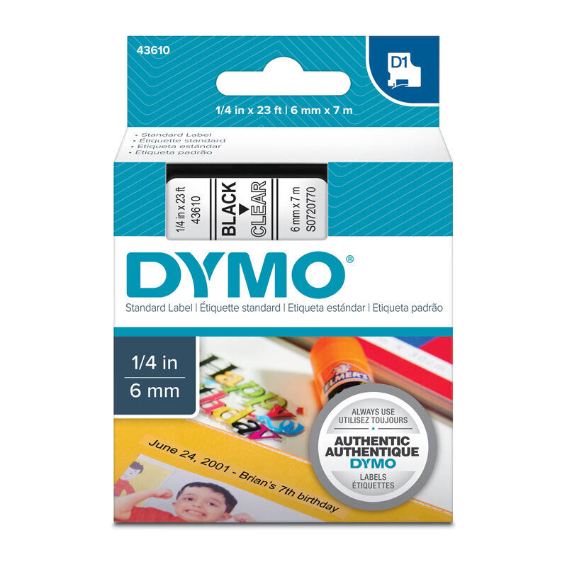 Genuine D1 Black on Clr 6mm x7m Tape