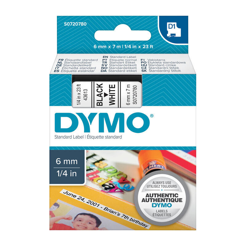 Genuine D1 Black on Wht 6mm x7m Tape